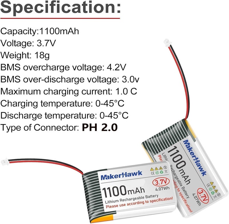 MakerHawk 2PCS 3.7V 1100mAh LiPo Battery Rechargeable 102540 JST2.0 Plug Lithium Polymer Battery with 1000mA USB Charger Cable and Protection Board Insulated Rubber Tape for Electronic Device RC Car Drones - Image 2